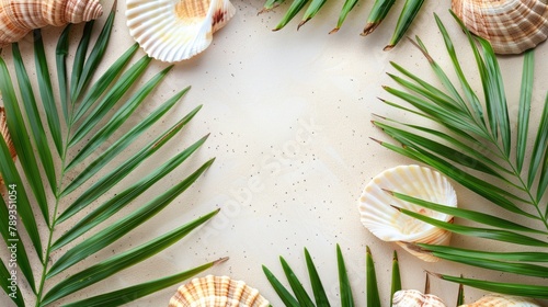 Seashell clipart framed by palm fronds.