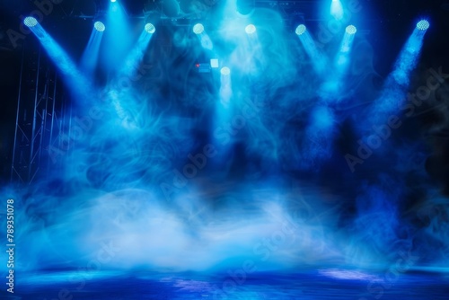 dramatic stage with vibrant blue spotlights and swirling smoke theatrical performance background vector illustration © Lucija