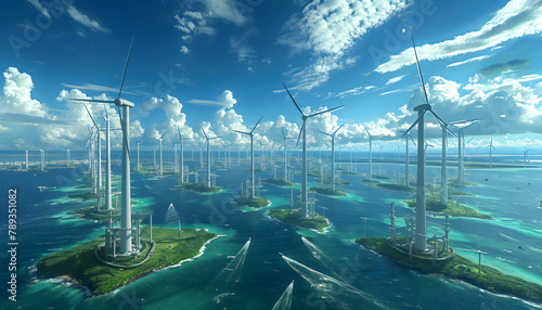 A massive windmill park, in the middle of the ocean. Each windmill is situated on its own seperate small island photo