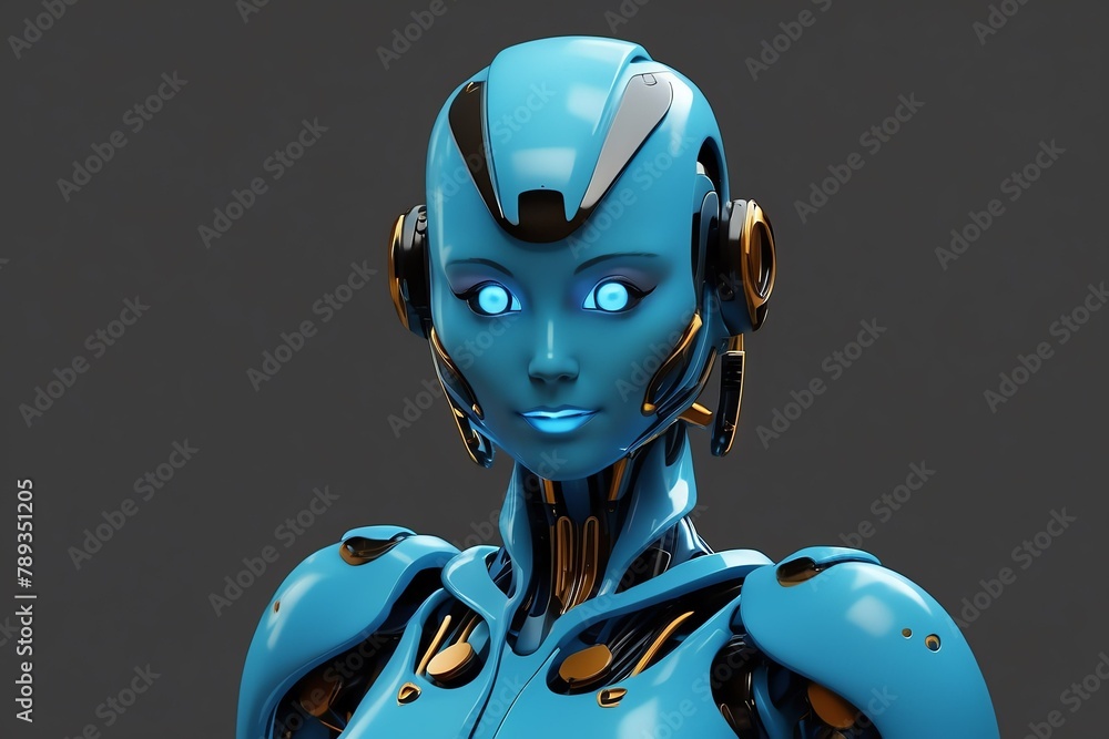 a blue humanoid android woman robot on plain background from Generative AI