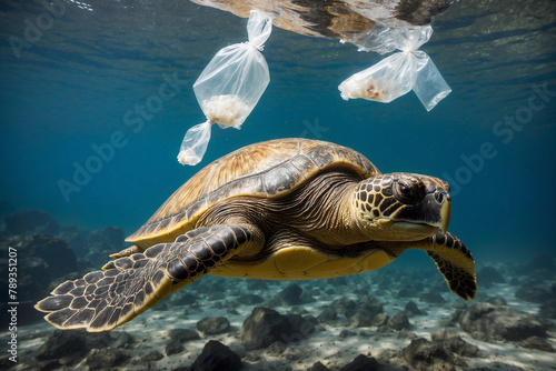 Turtles may consume plastic bags. Concept pollution in the ocean. A significant environmental issue