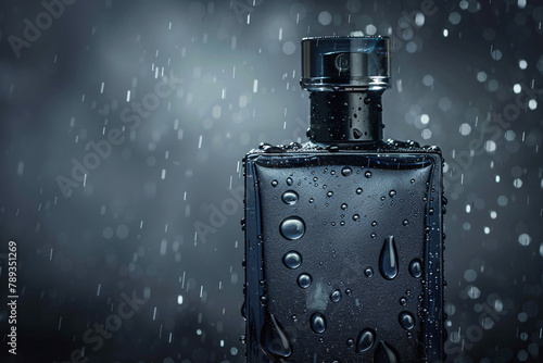 Man perfume bottle on dark background with water drops