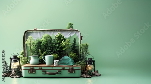 Camping gear arranged against a mint green background. An open suitcase recreates a natural landscape with lush trees. Camping equipment like a tent, lantern, and mugs placed around it.