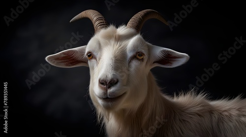 Portrait of an adult beautiful brown female goat on a farm, eating green grass on a field.generative.ai