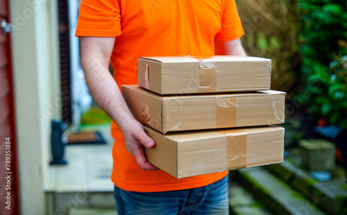 A person wearing an orange T-shirt is delivering parcels to a satisfied client. Friendly worker, high quality delivery service.