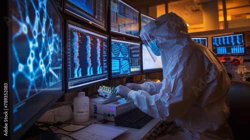 Surrounded by monitors displaying complex genetic data, a researcher in a hazmat suit meticulously manipulates a DNA sequencing apparatus, tracing the blueprint of life. photo