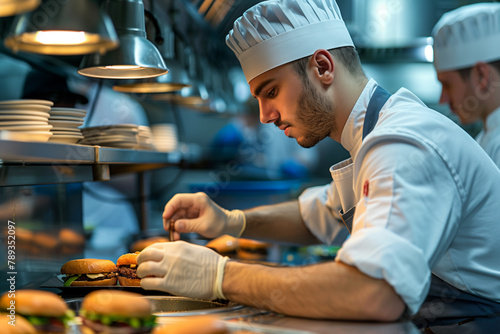 Side View of Chef Preparing Gourmet Burgers. Young male chef in white uniform focused on preparing gourmet burgers in a professional kitchen.