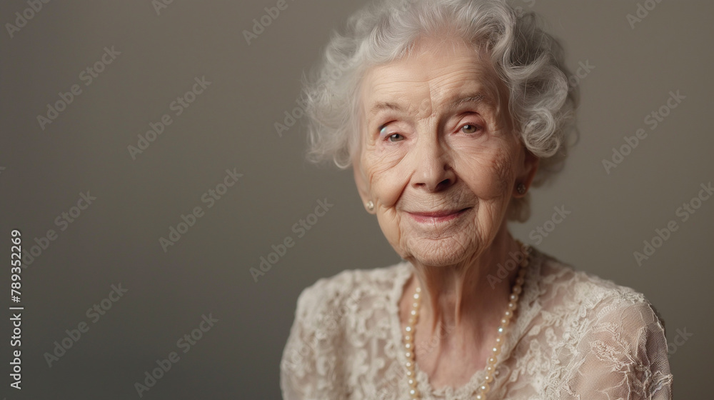 Against a neutral backdrop, an elderly woman's portrait shines with a confident smile, embodying the essence of graceful beauty and sophistication, akin to a refined cosmetics adve