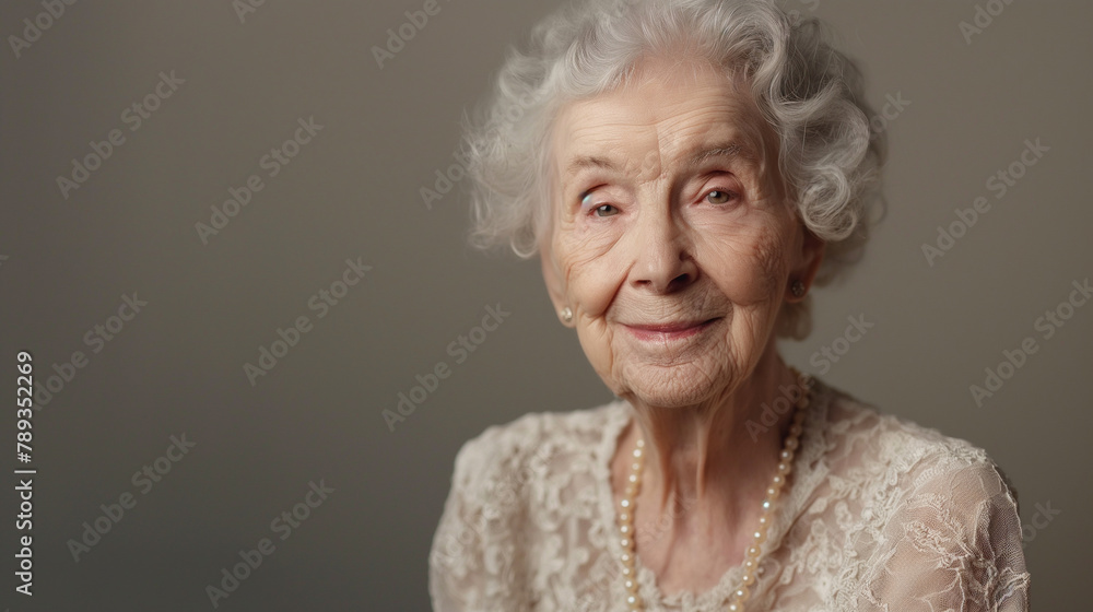 Against a neutral backdrop, an elderly woman's portrait shines with a confident smile, embodying the essence of graceful beauty and sophistication, akin to a refined cosmetics adve Against a neutral backdrop, an elderly woman's portrait shines with a confident smile, embodying the essence of graceful beauty and sophistication, akin to a refined cosmetics adve