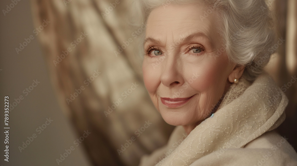 With a soft, inviting smile, an elderly woman's portrait conveys elegance and sophistication, celebrating the natural grace and poise that transcends age in a cosmetics advertiseme With a soft, inviting smile, an elderly woman's portrait conveys elegance and sophistication, celebrating the natural grace and poise that transcends age in a cosmetics advertiseme