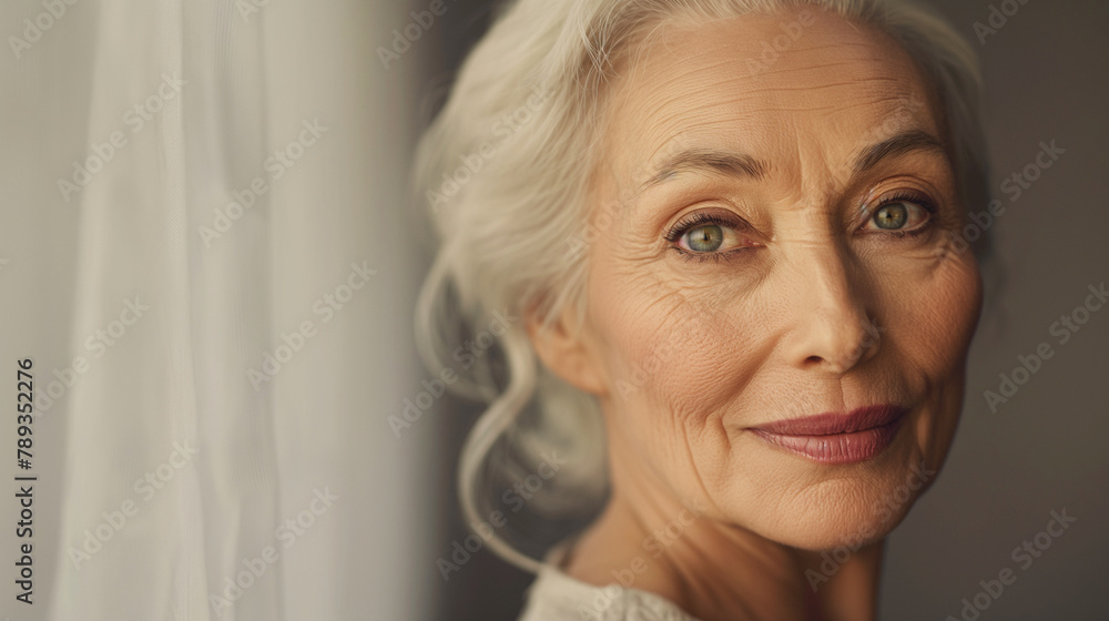 With a serene expression, an elderly woman's portrait radiates elegance and allure, her captivating smile reflecting the essence of ageless beauty in a cosmetics advertisement-insp With a serene expression, an elderly woman's portrait radiates elegance and allure, her captivating smile reflecting the essence of ageless beauty in a cosmetics advertisement-insp