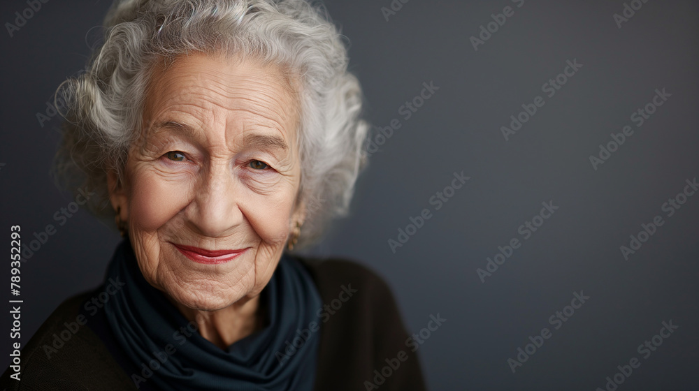 Against a plain background, an elderly woman's portrait captures her captivating smile and dignified presence, embodying the enduring charm seen in prestigious cosmetics advertisem Against a plain background, an elderly woman's portrait captures her captivating smile and dignified presence, embodying the enduring charm seen in prestigious cosmetics advertisem