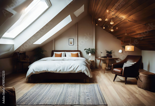 Triangle attic modern room interior design style vintage contemporary loft bright light bedchamber furniture ceiling chair wooden storage wood photo
