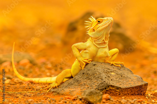 A green crested lizard (Bronchocela jubata) is sunbathing before starting his daily activities. photo