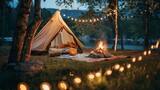 Twilight Camping Experience With Illuminated Tent and Campfire