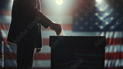 Silhouetted by the American flag, a man's hand releases a ballot into the box, highlighting the significance of democratic choice and national unity in a close-up shot full of patr photo