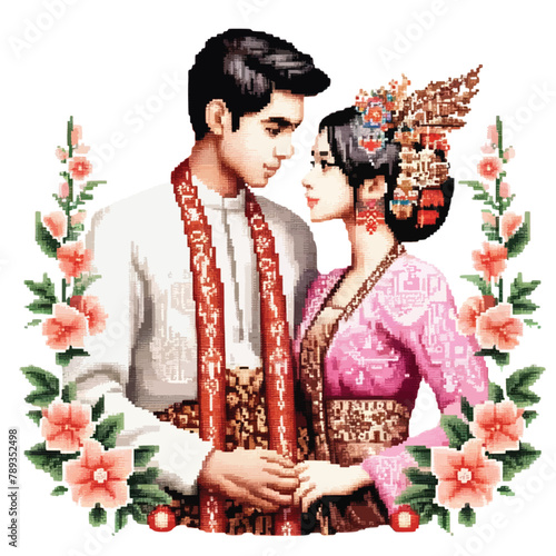 pixel art of loving couple in romantic traditional clothes