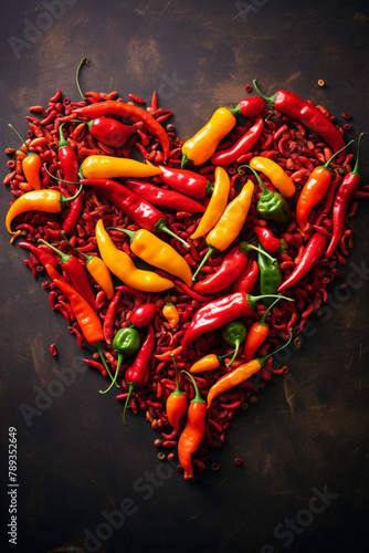 Fiery Heart-Shaped Peppers: Close-up shots of heart-shaped chili peppers arranged in a fiery and passionate display сreated with Generative Ai