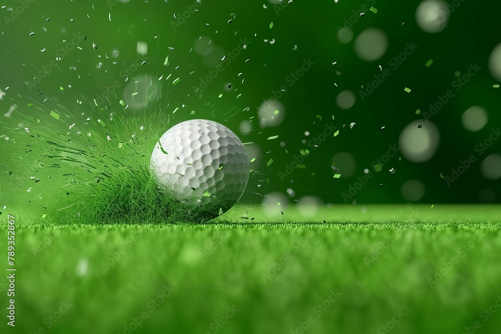 Fototapeta premium dynamic golf ball impact on green grass sports banner generative ai illustration