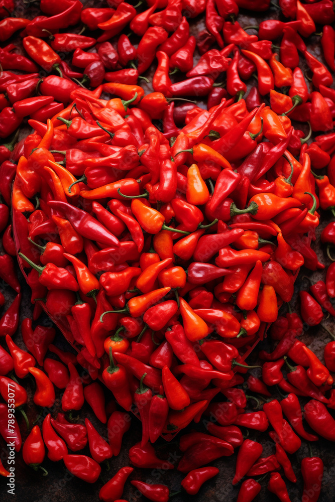 Fiery Heart-Shaped Peppers: Close-up shots of heart-shaped chili peppers arranged in a fiery and passionate display сreated with Generative Ai Fiery Heart-Shaped Peppers: Close-up shots of heart-shaped chili peppers arranged in a fiery and passionate display сreated with Generative Ai