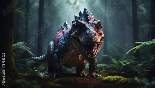 a dinosaur in the middle of a dark forest from Generative AI photo
