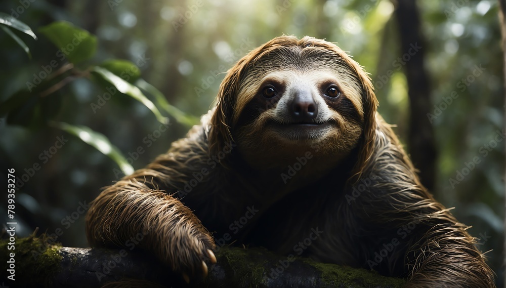 Fototapeta premium a sloth in the middle of a dark forest from Generative AI
