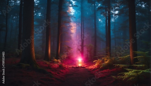 glowing colorful light in the middle of a dark forest from Generative AI © SevenThreeSky