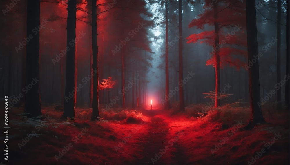 glowing red light in the middle of a dark forest from Generative AI