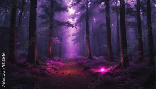 glowing purple light in the middle of a dark forest from Generative AI