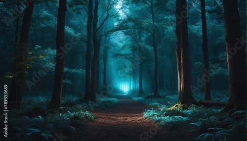 glowing teal light in the middle of a dark forest from Generative AI