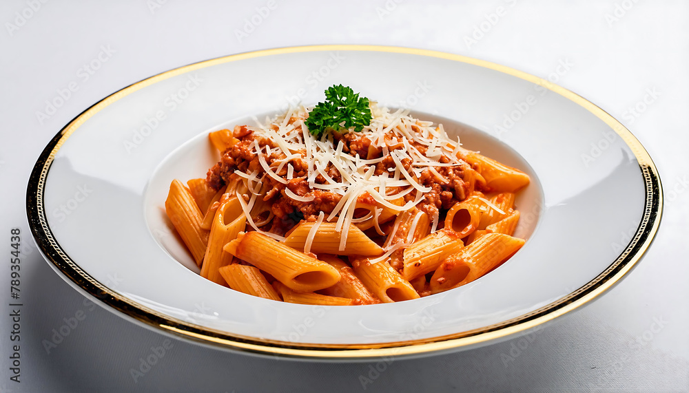 Ditalini, penne Pasta with Bolognese Sauce on Porcelain Plate:   Pappardelle, Fusilli, penne, Ditalini, Macaroni, Farfalle, Spaghetti Various Types of Pasta for Italian Cuisine Concept
