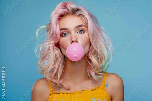 a young woman with long pinkish blonde hair wearing a sleeveless yellow blouse, is blowing a pink balloon with a bubble gum.  Irreverent somewhat insolent attitude and lifestyle. photo