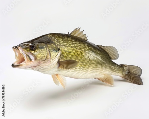 A largemouth bass fish, with its mouth open, isolated on a white background.