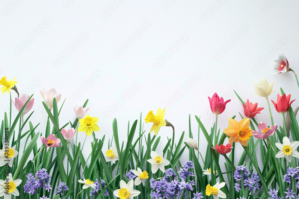 A variety of colorful spring flowers including tulips and daffodils against a white background
