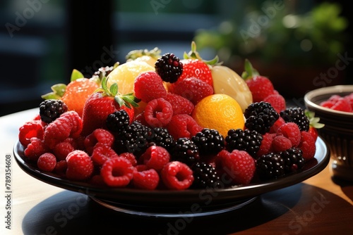 Superior view fresh mature fruits sweet inside the plate on the table  generative IA