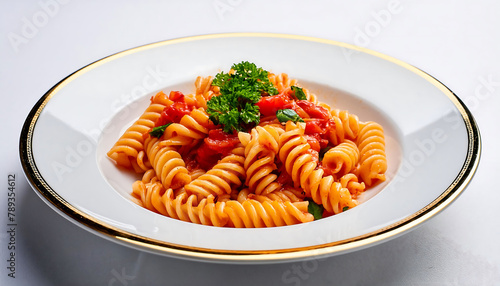 Fusilli  Pasta with Pesto and Bolognese Sauce on Porcelain Plate:   Pappardelle, Fusilli, penne, Ditalini, Macaroni, Farfalle, Spaghetti Various Types of Pasta for Italian Cuisine Concept