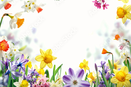 Vibrant spring flower border with a white background and copy space © agnes