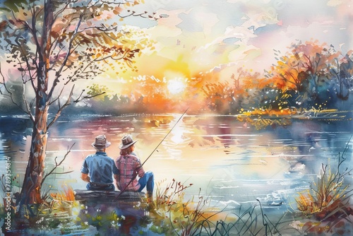 elderly couple enjoying peaceful sunset while fishing on tranquil lake watercolor painting photo