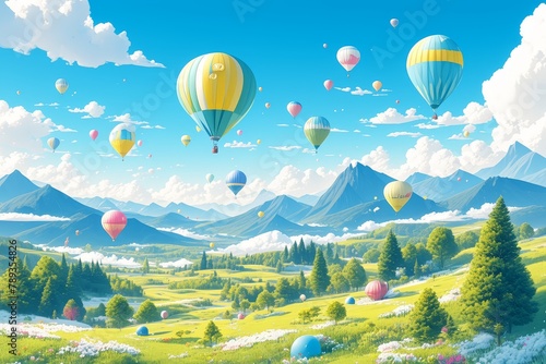Colorful hot air balloons flying over the mountains, trees and clouds 