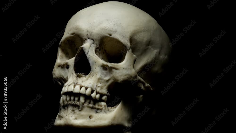 Human skull rotating on a black background. The anatomically accurate human skull rotates on its axis. Seamless loop. Smooth rotation. Human skull rotating on a black background. The anatomically accurate human skull rotates on its axis. Seamless loop. Smooth rotation.