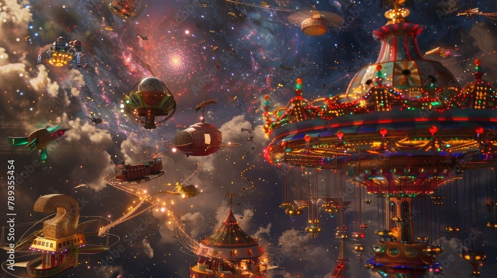 A surreal dreamscape featuring a celestial carnival, where colorful rides and attractions float amidst the stars in a cosmic celebration of joy and wonder.