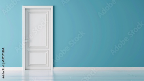 3D render of a white door on a blue wall and white floor. copy space for text. simple empty room with an open wooden entrance door