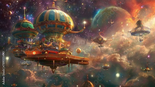 A surreal dreamscape featuring an otherworldly carnival, where colorful rides and attractions float amidst the stars, inviting cosmic travelers to join in a joyous celebration of the universe. photo
