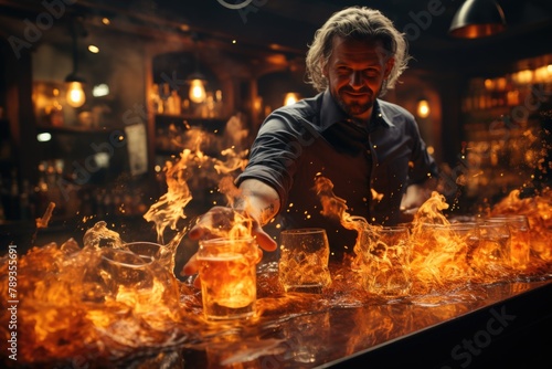 Alcohol in flames, served by an experienced bartender in a themed bar., generative IA