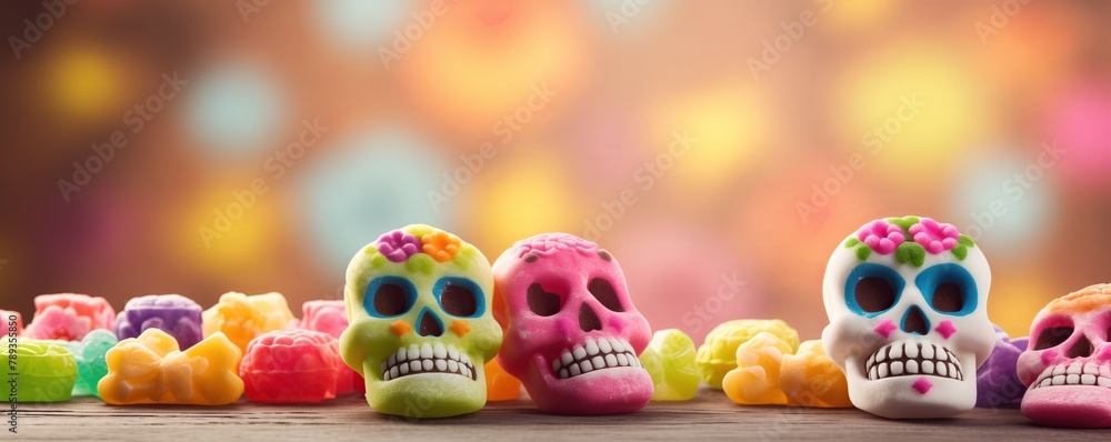 Vibrant colorful sugar skulls celebrating Day of the Dead blurred background