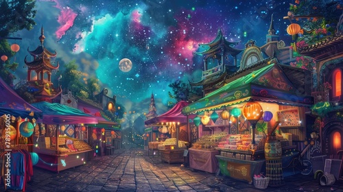 A surreal dreamscape featuring a celestial marketplace, where colorful stalls and exotic wares are bought and sold amidst the stars in a cosmic bazaar of wonders. photo