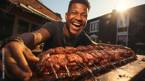 An African-American man smiles and enjoys a delicious meat-based meal at an outdoor bar