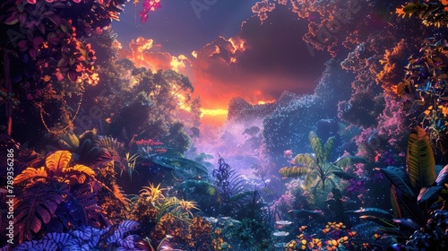 A surreal dreamscape featuring a celestial garden of Eden, where exotic flora and fauna thrive in a paradise of vibrant colors and exotic beauty.