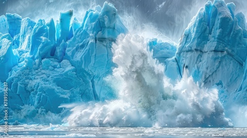 Glacier ice calving into the ocean, climate change concept, reminder of the fragility of Earth's ecosystems and the urgent need for climate action photo