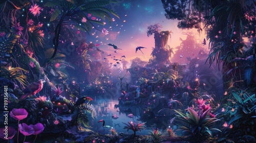 A surreal dreamscape featuring a celestial garden of Eden, where exotic flora and fauna thrive in a paradise of vibrant colors and exotic beauty.